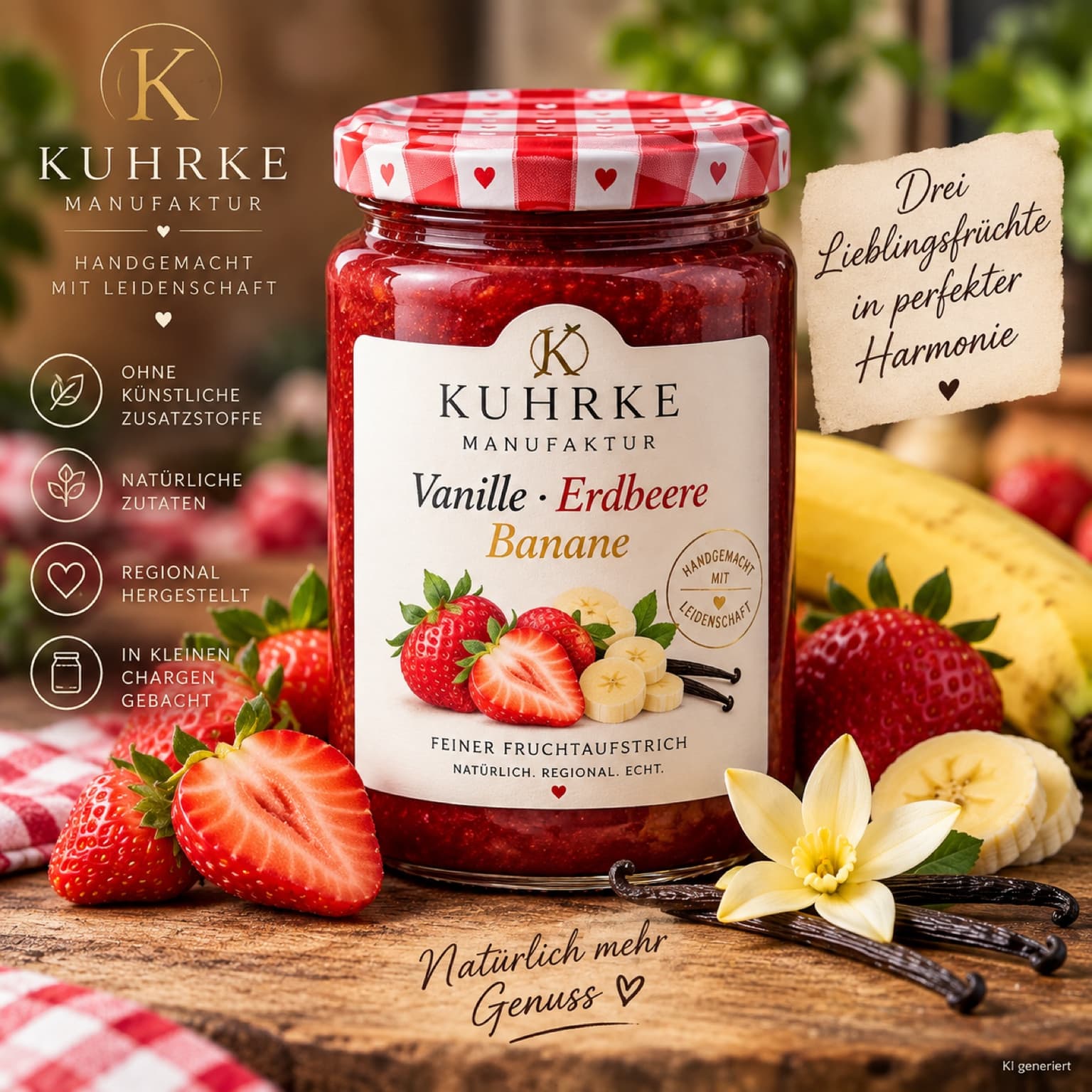 KUHRKE Manufaktur Fruchtaufstrich Vanille-Erdbeere-Banane