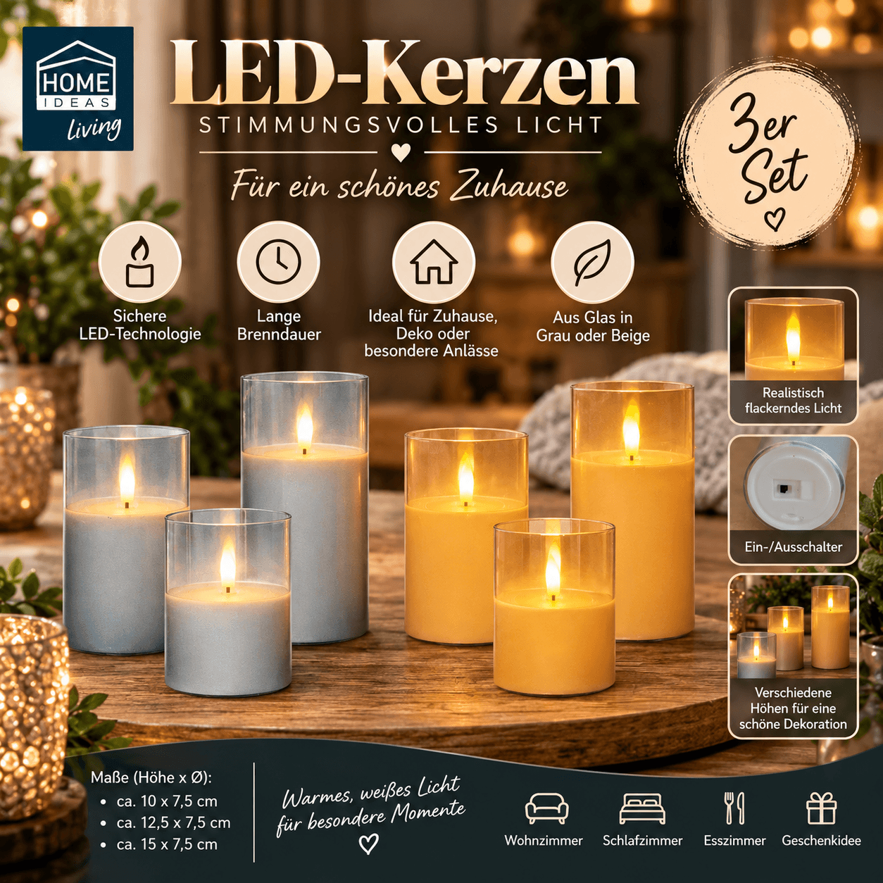 LED-Kerzen 3er-Set im Glas