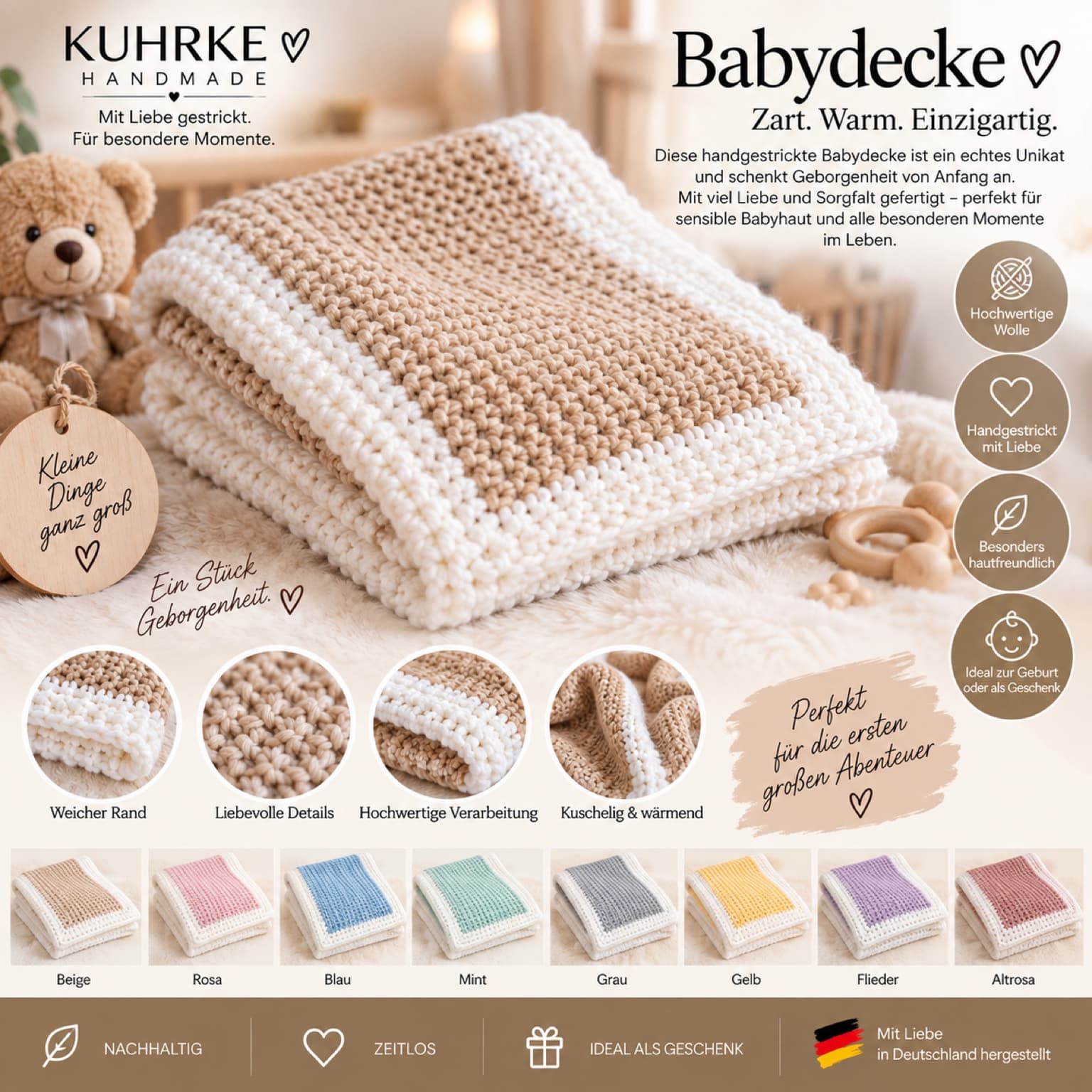 KUHRKE Handmade Babydecke, handgestrickt