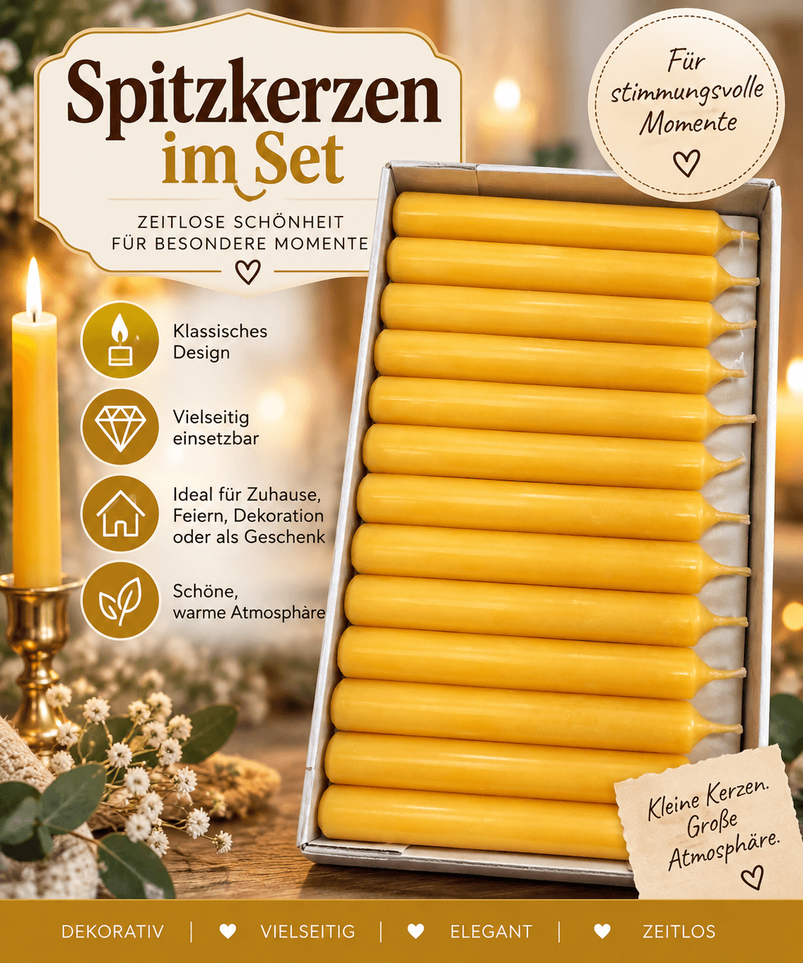 Bienenwachs-Spitzkerzen im Set (12 Stück)